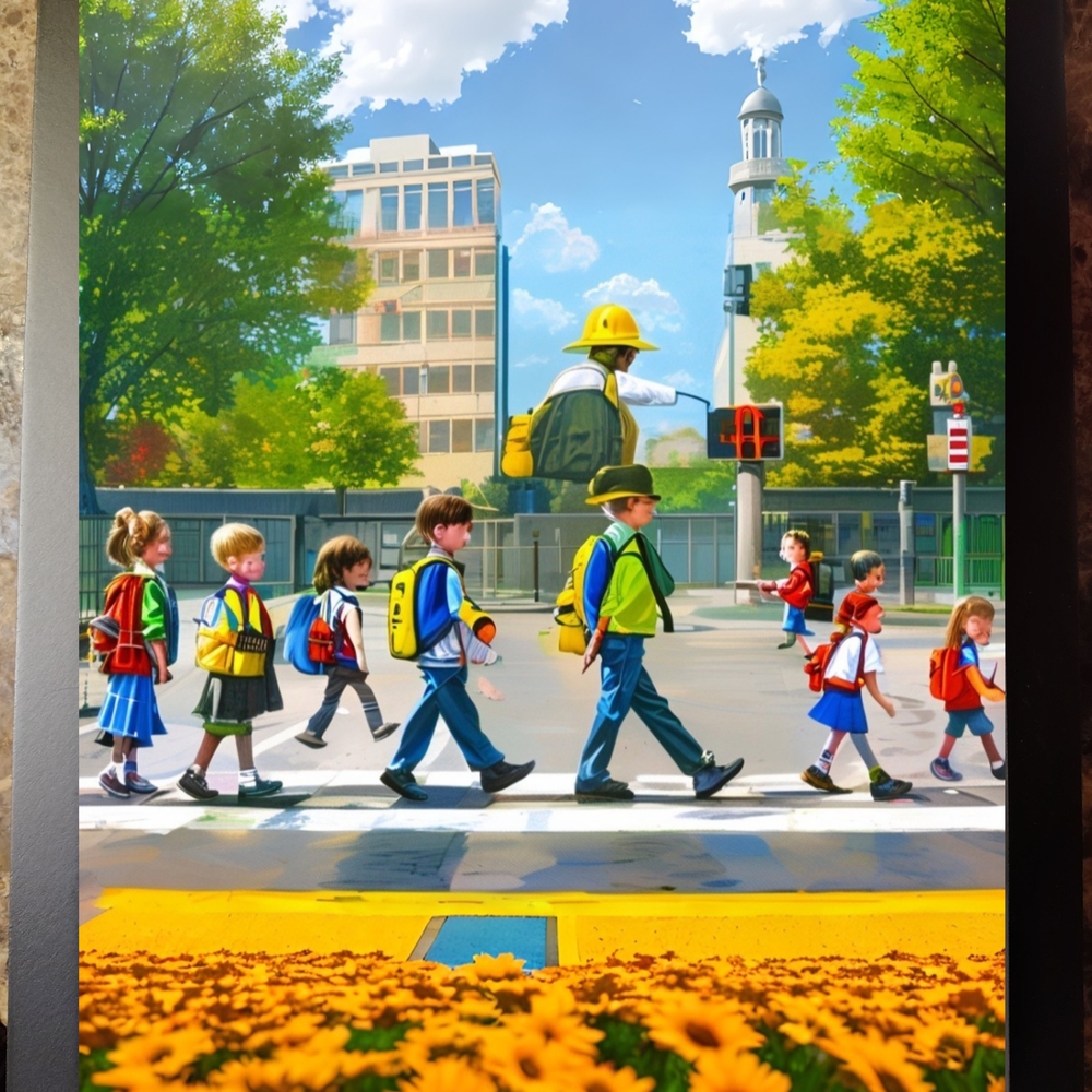 Vibrant Children's Walking The Crosswalk  In A Glass  Frame 8x10